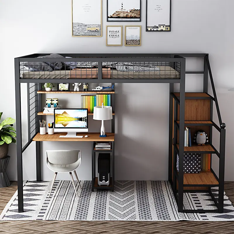 School student bedroom dormitory metal steel loft double bunk bed with study table and desk for adults