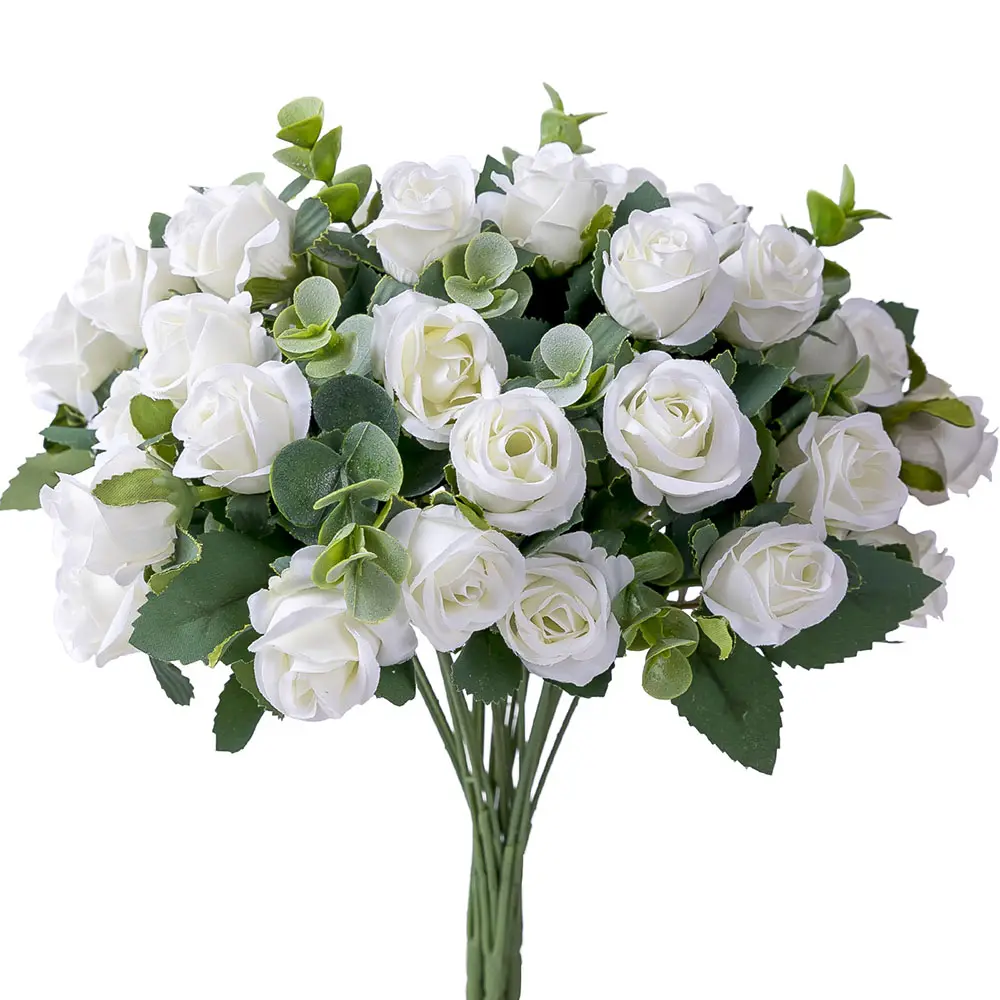 DREA 2024 Recém-falsificado verão resistente a UV flor artificial branca mini buquê de rosas e eucalipto para o casamento
