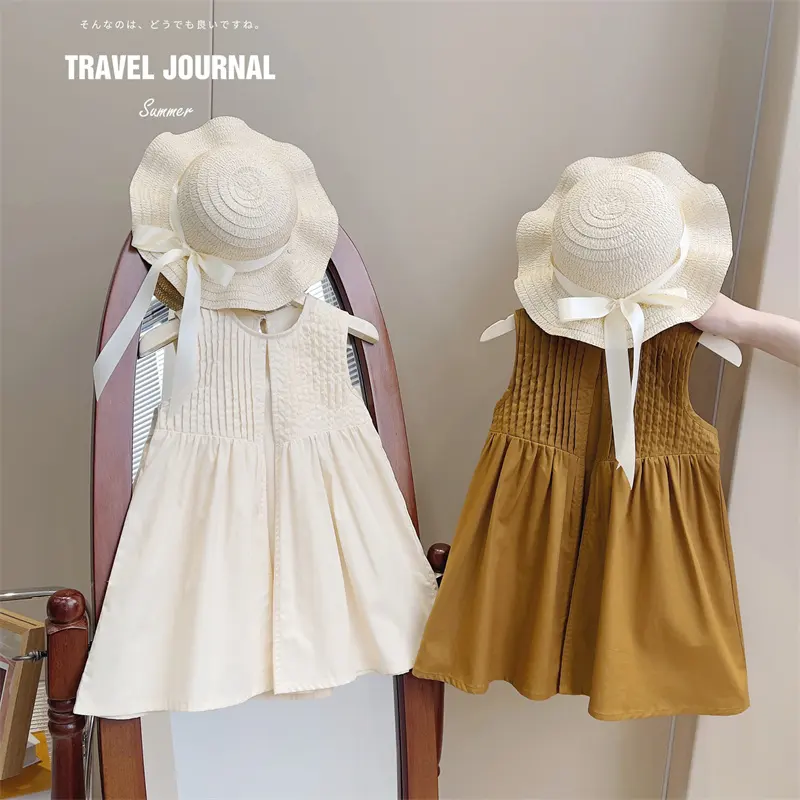High Quality Summer Kids Sleeveless Cotton Beach Outfit Dress For Little Girls With Free Straw Hat