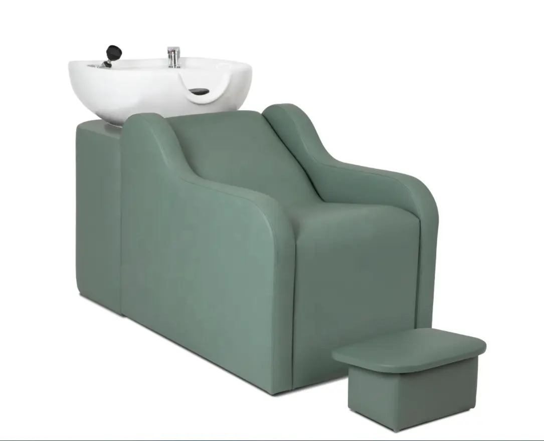 Poltrona shampoo salone verde con poggiapiedi ciotole shampoo in ceramica lavello e sedie parrucchiere sedie lavaggio per barbiere