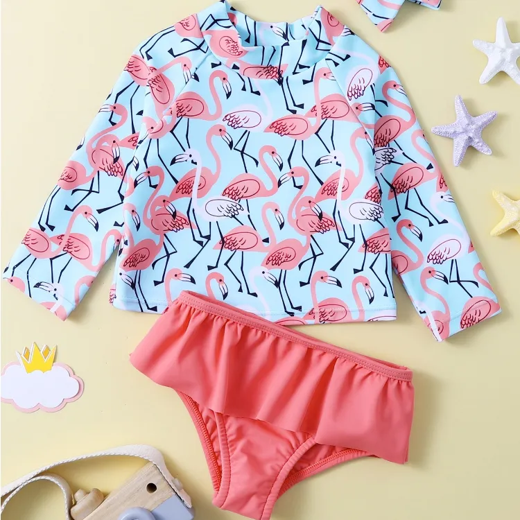 Baby UV-Schutz Kleidung Mädchen Flamingo Print Langarm Tops Rüschen Hosen benutzer definierte Badeanzug Bade bekleidung Kinder Bikinis Beach wear