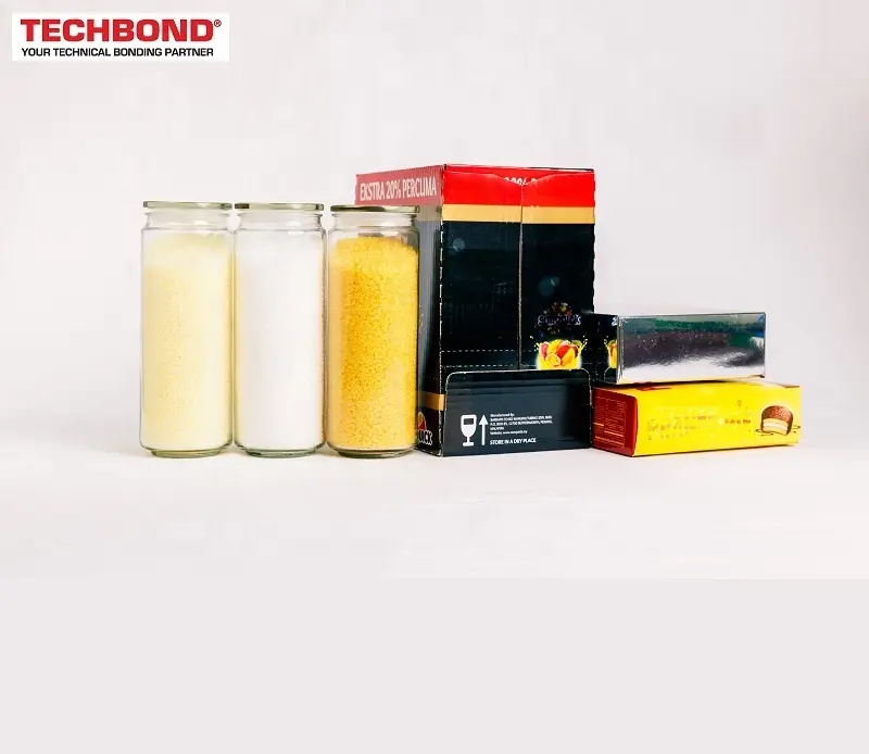 Techbond HM-821 adesivo de fundição quente usado para selagem de papelão com linha automática de máquina de alta velocidade