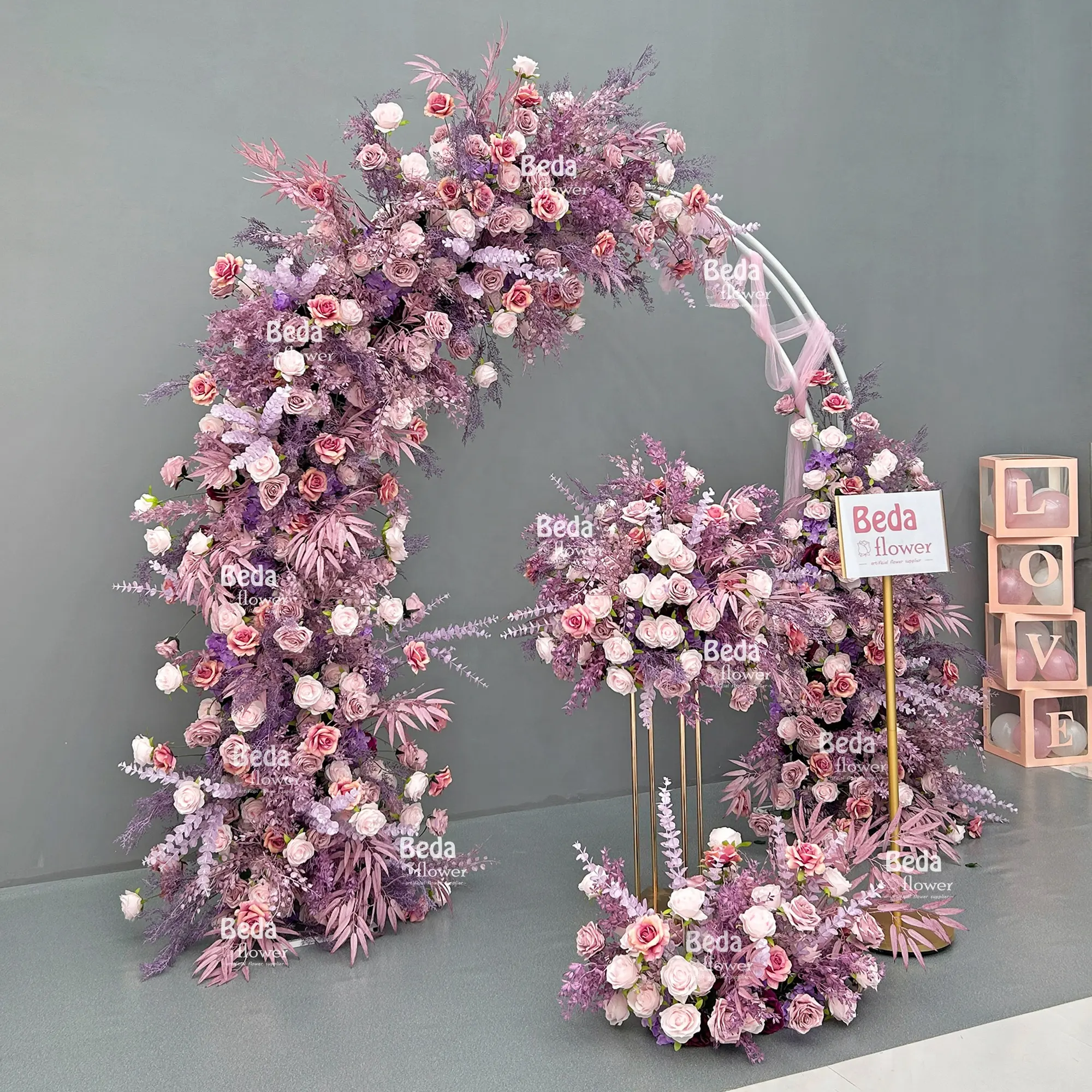 ベダフラワー2024ホット販売パープルローズアレンジメントシルク造花結婚式の背景アーチ装飾イベントステージ