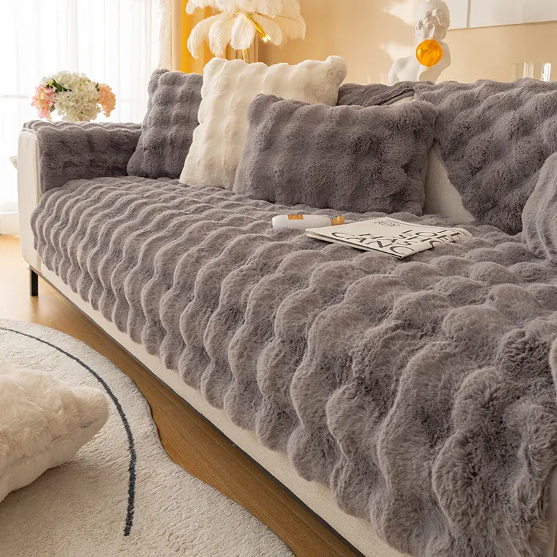 Capa acolchoada para sofá 100% poliéster, pele de coelho sintética macia e confortável, de melhor qualidade, para decoração de casa