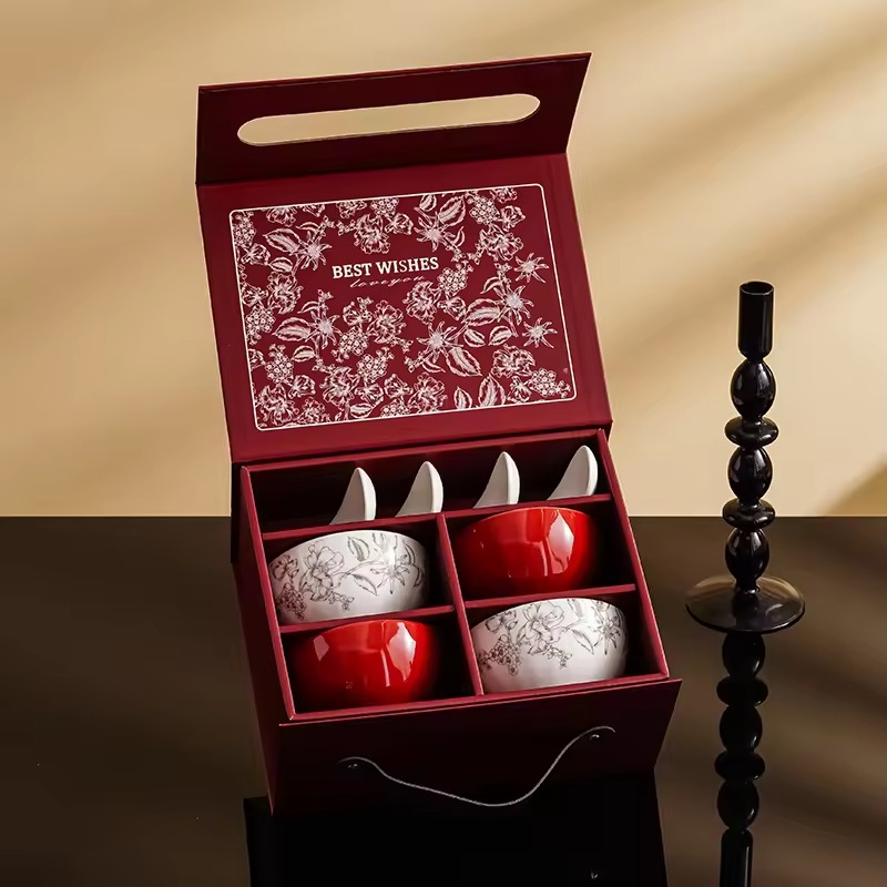 Rouge-4 bols 4 cuillères avec coffret cadeau