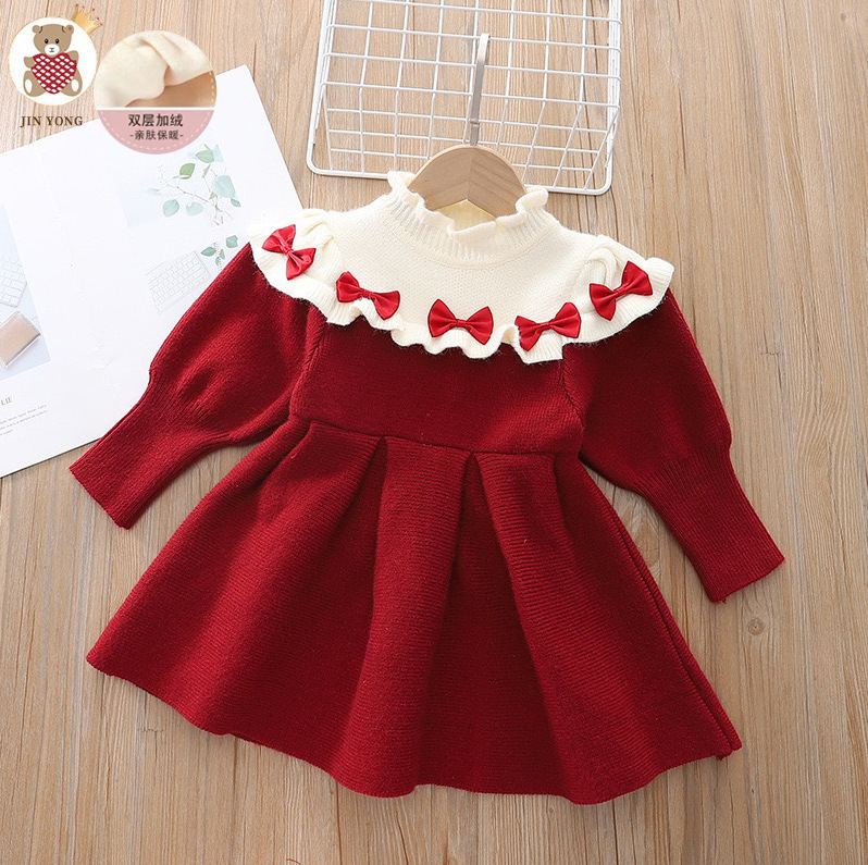 Fleece-lined red collar five-bowknot dress