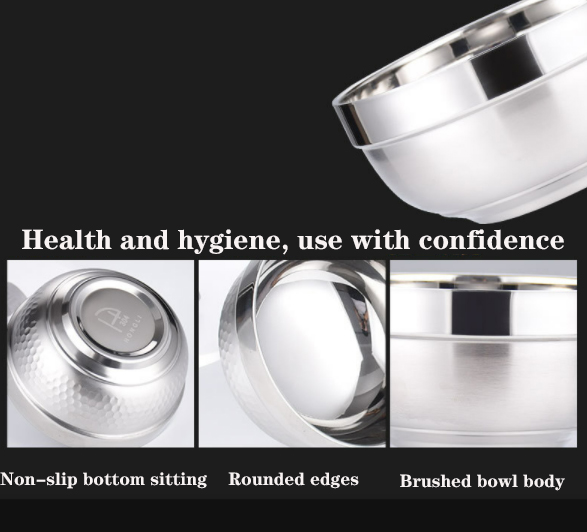 Household Food Grade 304 Stainless Steel Bowl Double Layer Anti-scalding Anti-falling Bowl Baby Rice Bowl