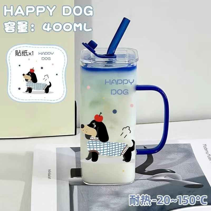 Saucisse chiot 400ml tasse simple+paille bleue+couvercle transparent