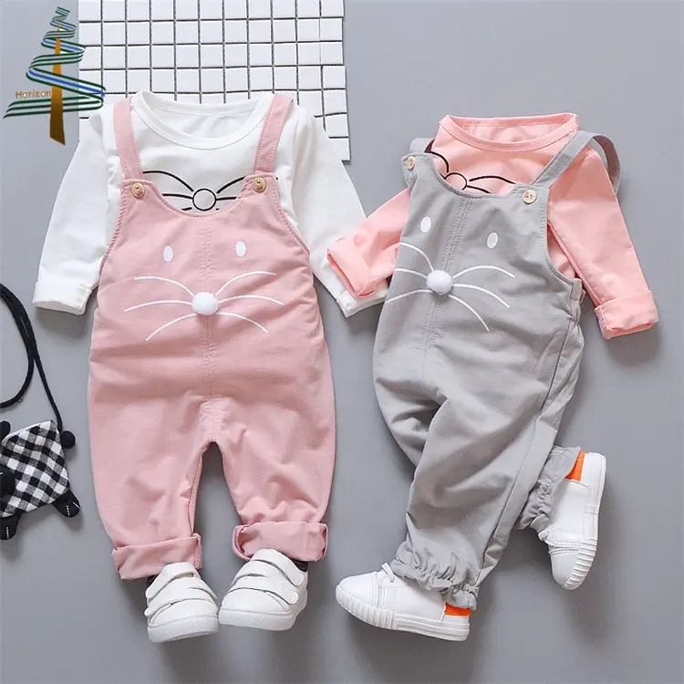 Otoño primavera ratón de dibujos animados niño 2 uds conjunto de ropa Rosa camisa de manga larga y pantalones con tirantes conjuntos de niña bebé para bebés completo