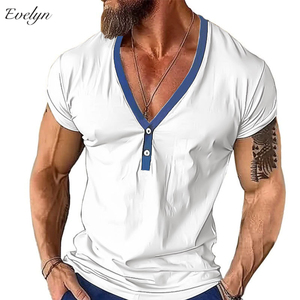 EVELYN OEMODMメンズ服半袖ヘンリーシャツカジュアルメンズVネックTシャツカラーマッチングトップ