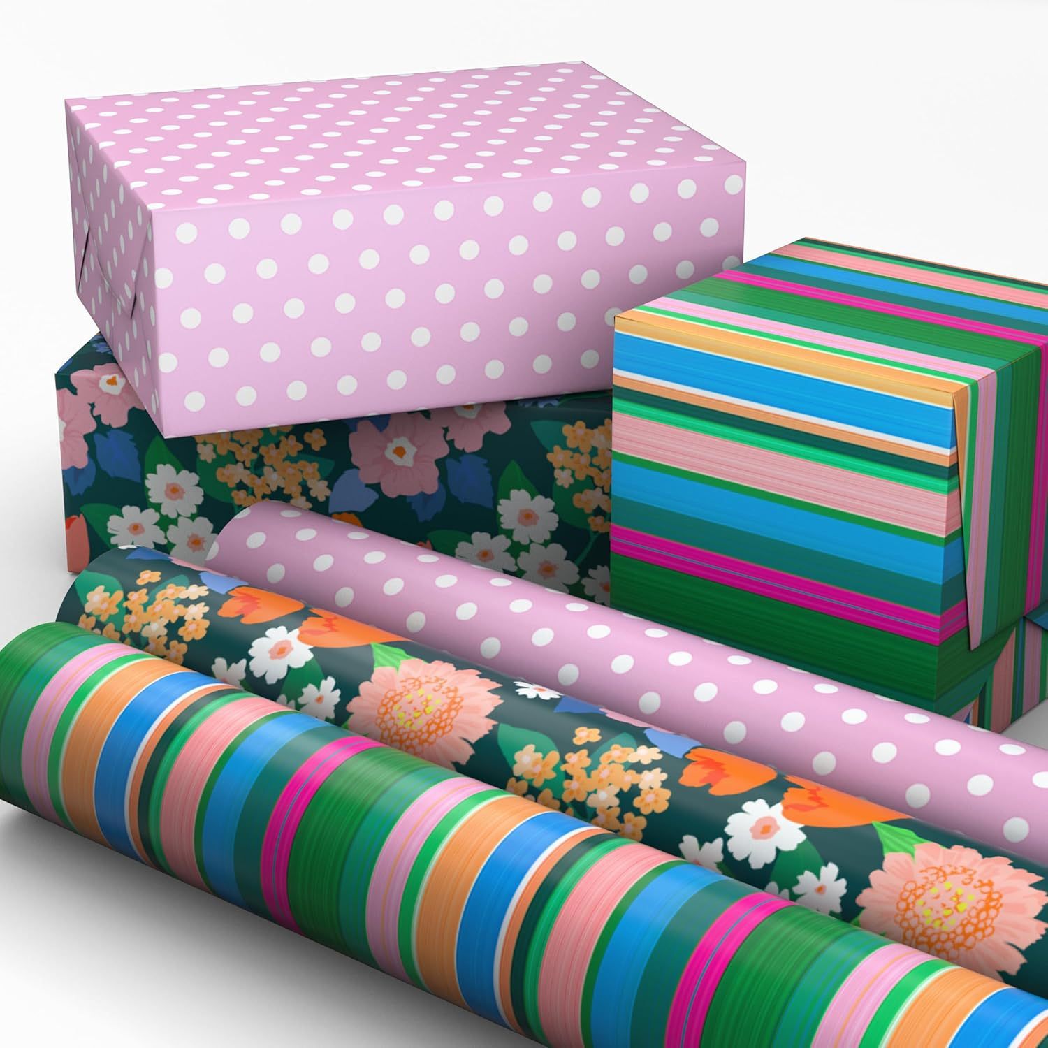 Papier cadeau à pois roses à rayures et fleurs sauvages