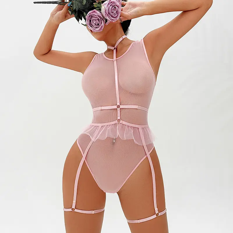 Chuangerm Pink Mesh Teen Models Transparent Sexy Halter Belt Vest Two-Piece Onesie Garter Belt Wholesale Lingerie for Women