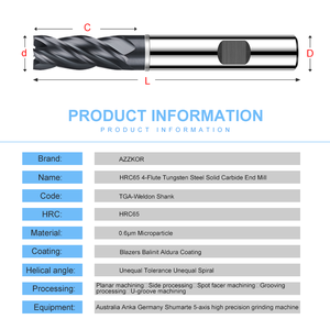 Azzkor TGA HRC65 Solid Carbide 4 Flutes End Mill CNC Cutter Tool for Metal <strong>Weldon</strong> Shank Flat Square Milling Cutter Router Bits - Product Image 2