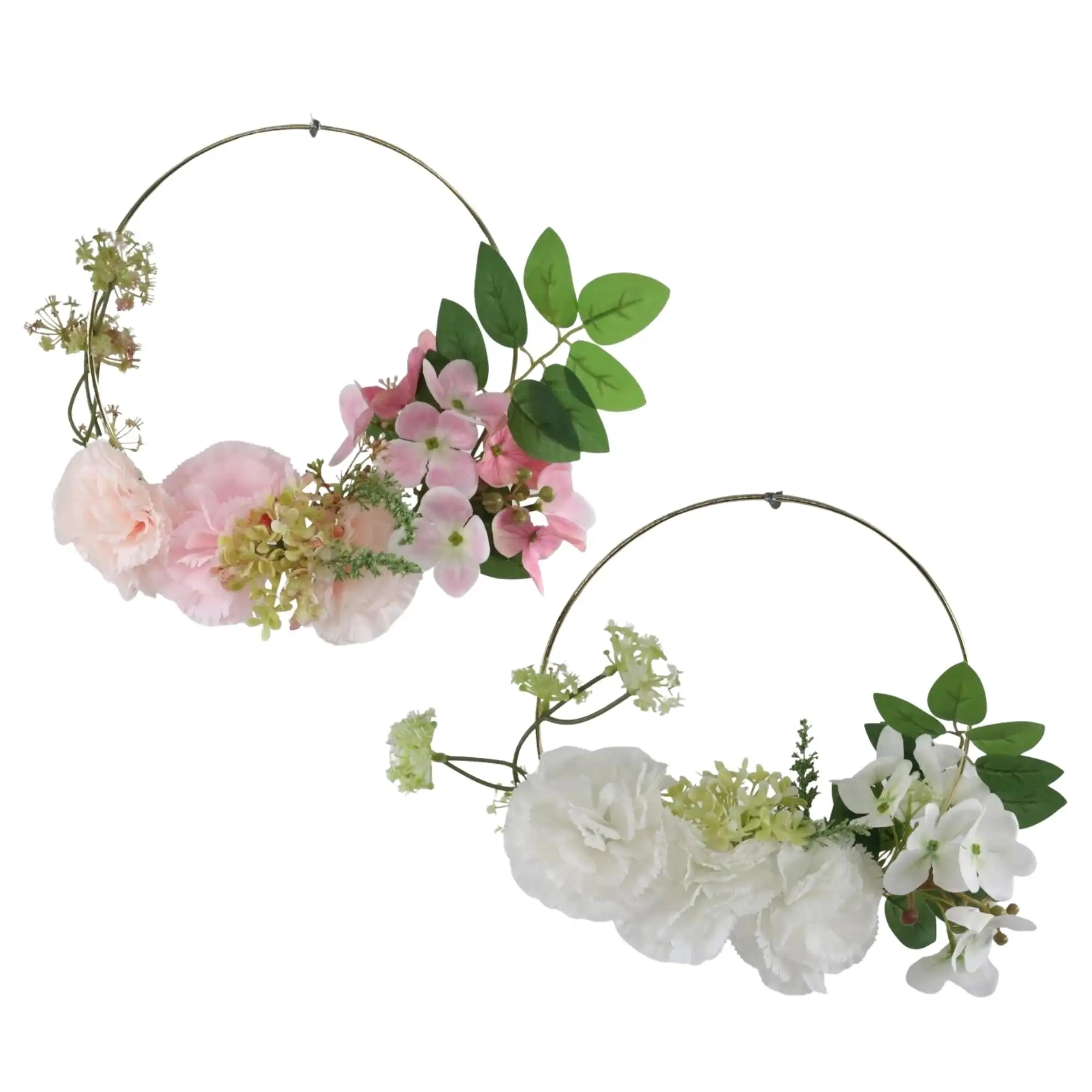 Couronne de fleurs artificielles de haute qualité Oeillet en soie Faux fleur d'hortensia Cerceau floral en métal Couronne de fleurs artificielles