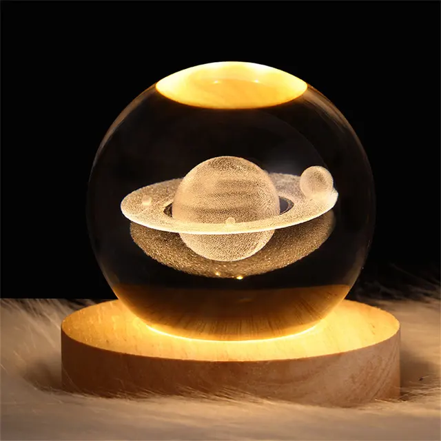 Sistema solare pianeta sfera 3D incisa al Laser 60mm di cristallo Base di legno lampada da notte a LED
