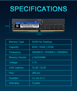 DDR5 RAM para PC de escritorio 8GB-32GB 4800-5600MHz LONGDIMM On-Die ECC 1,1 V Memoria para juegos - Product Image 5