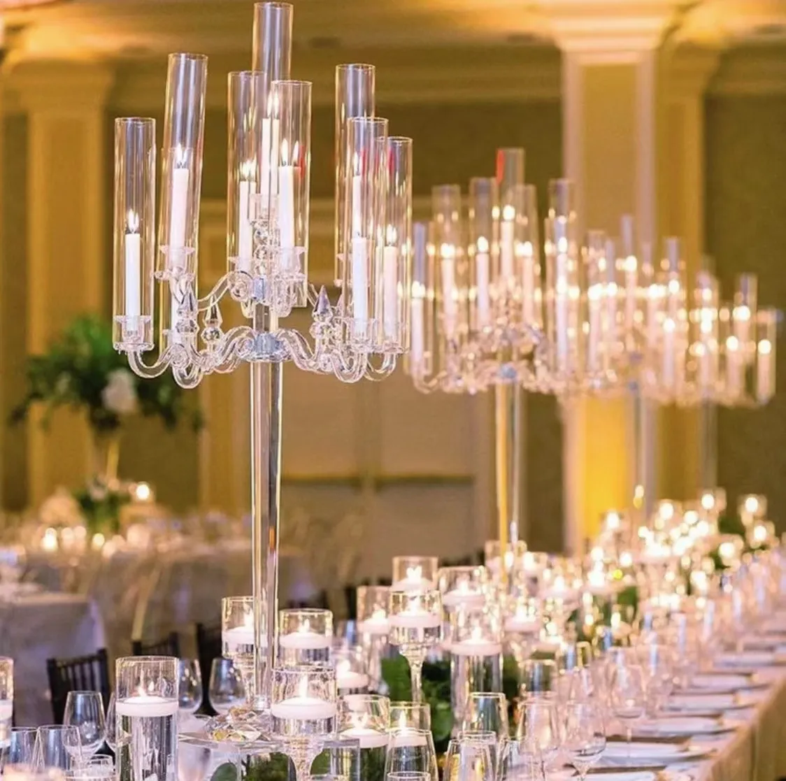 Candelabros de cristal estilo hurricane, candelabros de velas com 5 braços de alta qualidade e 5 braços, arranjo para mesas de casamento, J-117