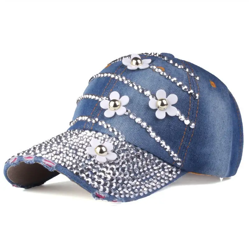 Venta al por mayor de moda de las mujeres Rhinestone Cap Sombreros Hip Hop Demin Diamond Bling Deportes Gorras de béisbol para las mujeres