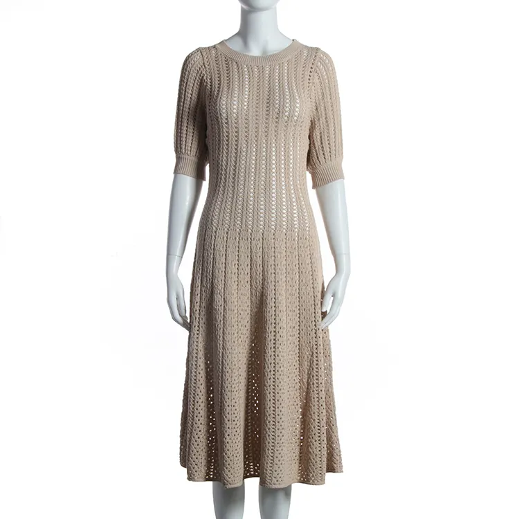 Crochet Round Neck Short Sleeved Women's Sweater Hollow Knit Long Dress Summer Fashion Mature Ladies Sexy Casual Dresses Simple