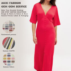 שירות דוגמאות של בגדי מעצבים ממותגים (OEM) - שמלות ארוכות יוקרתיות לנשים, שמלת מקסי אלגנטית ויומיומית עם צווארון וי לגברת - Product Image 1