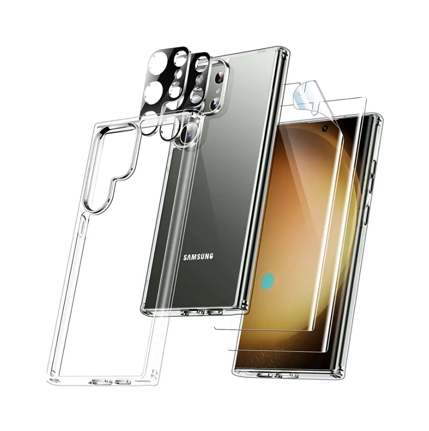 Set casing ponsel pelindung lensa kamera & 2 buah pelindung layar lembut untuk Samsung Galaxy S23 Ultra s24 plus casing bening