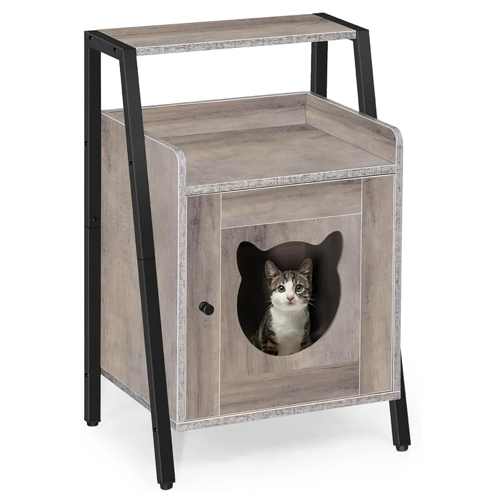 Wooden Cat House Hidden Cat Cave, Cat Bed for Indoor Cats Nightstand Pet House, Cat Kitty Condo with Shelf