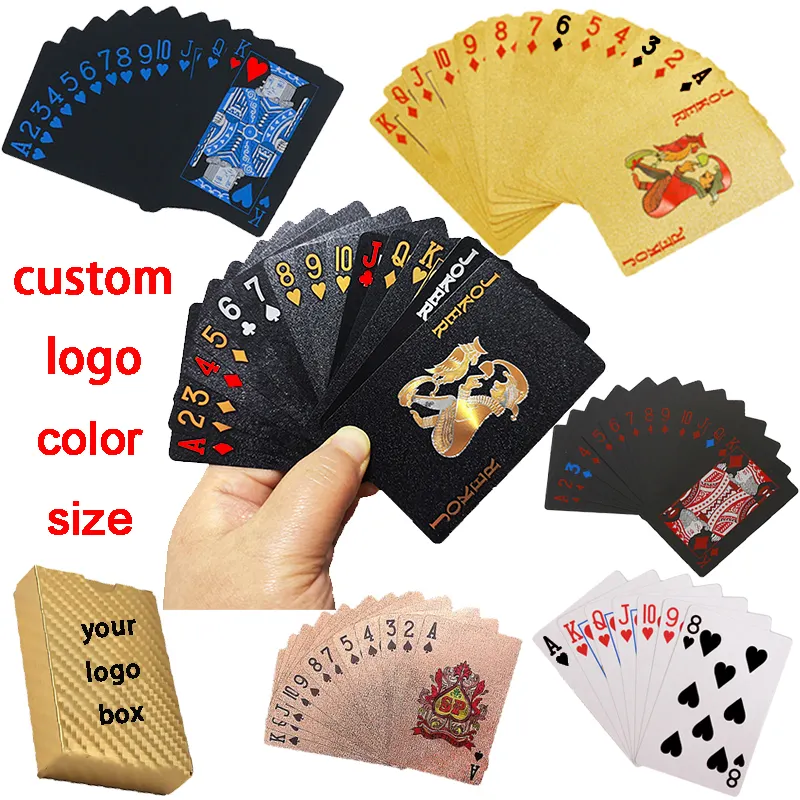 Cartas de plástico de alta calidad, cartas de juego suaves, impermeables, negras, chapadas en oro, rojas y azules, duraderas, para juegos de mesa de póker, logotipo personalizado