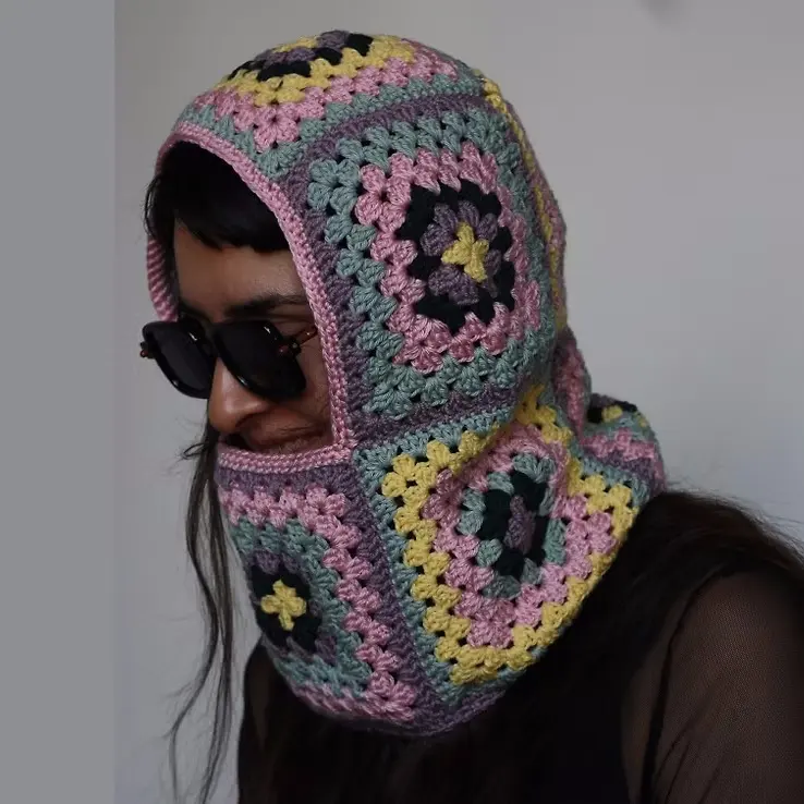 Pasamontañas de moda casco de punto ganchillo a mano capucha de Invierno para mujer Granny Square ganchillo pasamontañas sombrero de punto