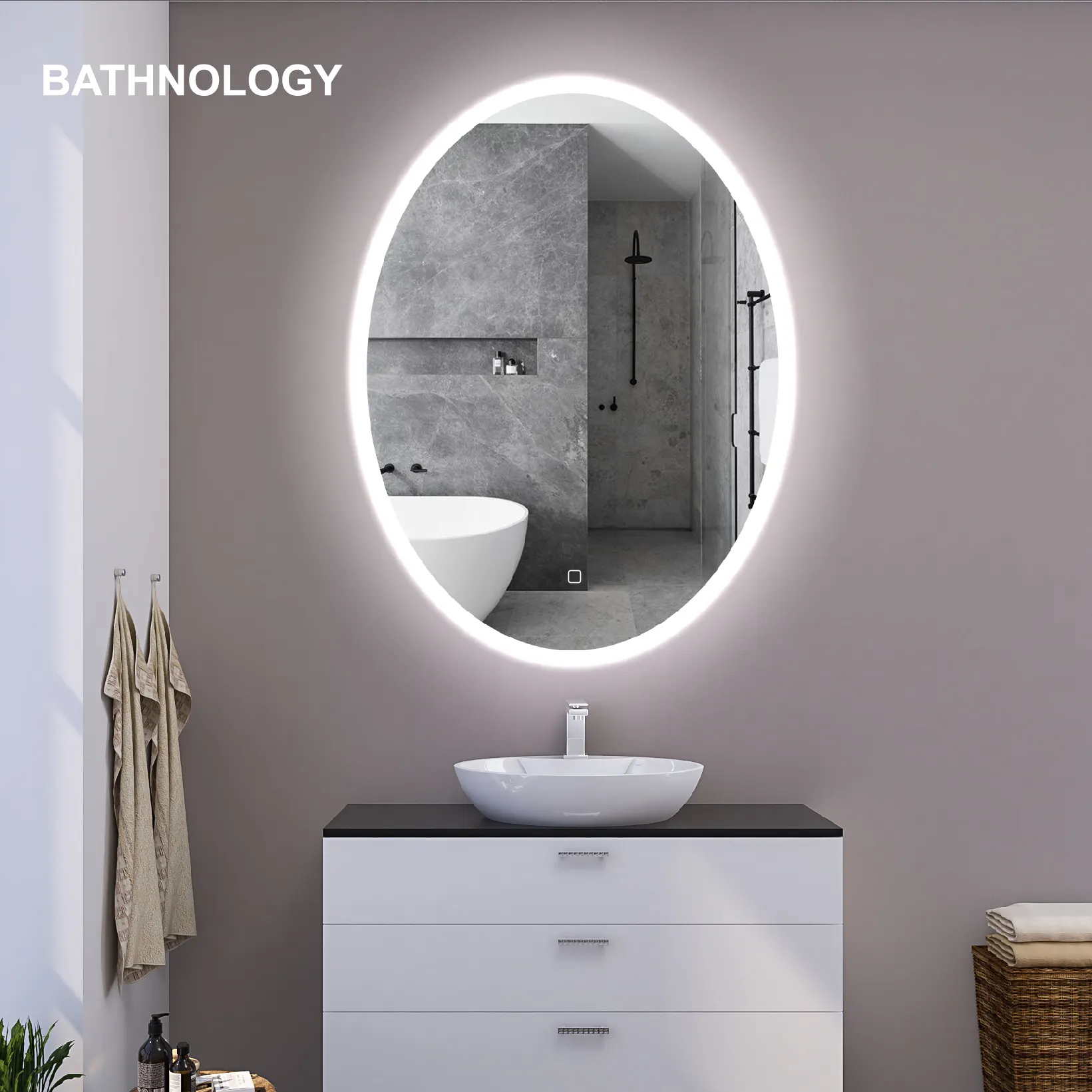 Espejo moderno ovalado de cobre sin Sensor táctil, espejo de baño inteligente, Led de pared grande, antivaho