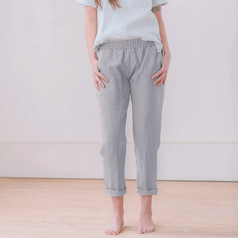 2024 Spring New Trousers Solid Color Loose Casual White Plus Size Pure Elastic Linen Pants Women
