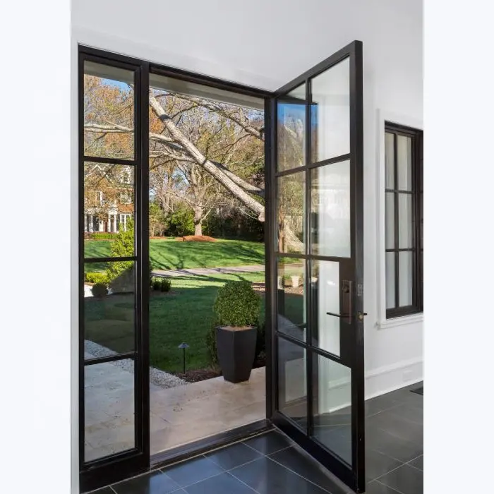 Porta de ferro de qualidade premium, porta de aço preto, porta de vidro interna, portas de entrada externa, pátio, portas francesas
