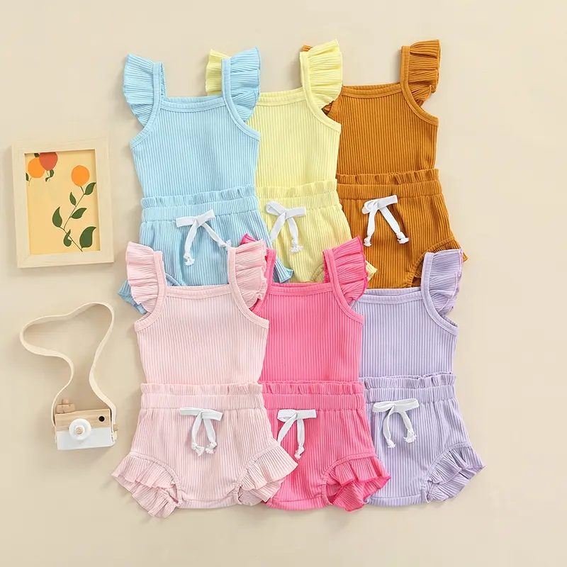 Ropa de verano para niñas recién nacidas, Top de algodón liso acanalado con Manga mariposa + pantalones cortos de PP, conjunto de ropa de 0 a 24 meses