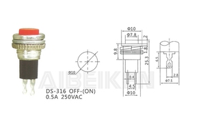 Interruttore a pulsante spento (acceso) da 10mm DS-316 interruttore a pulsante da 0,5 a 220 Volt funzione momentanea Interruttore a pulsante a 2 Pin - Product Image 6