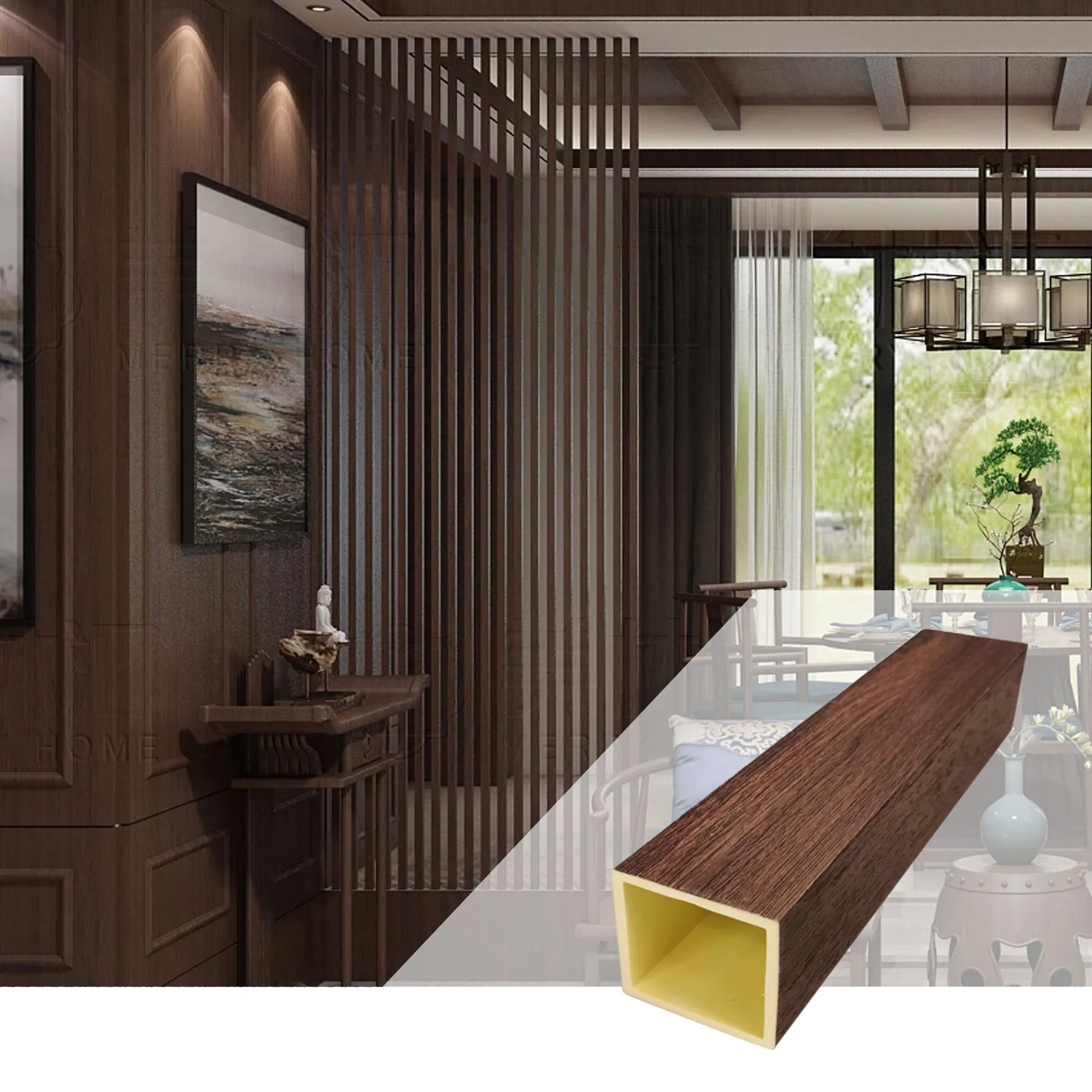 Rejilla de madera recubierta de PVC para decoración Interior, tubos de madera cuadrados de fibra de bambú, Partición de columna hueca Interior
