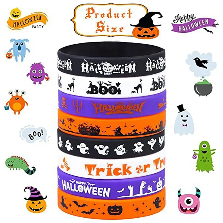 Pulsera de goma para fiesta de Halloween, brazalete de silicona suave multicolor personalizado de 2,75 pulgadas