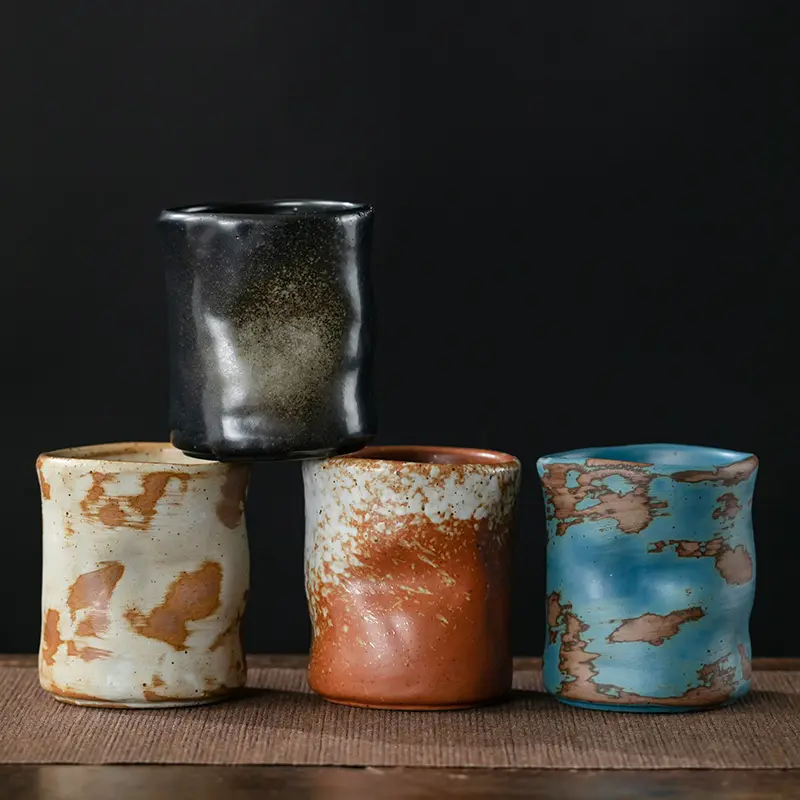 Taza de té casera de cerámica irregular áspera creativa sin mango explosivo japonés Vintage taza de café expreso de cerámica