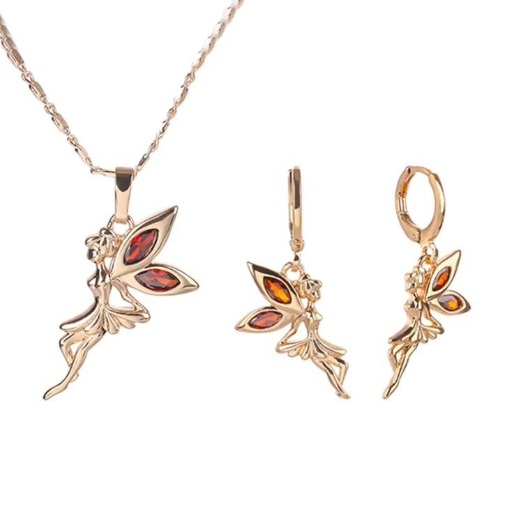 Fairy Tail Tinker Glocke Elf Winkel Zirkonia Messing 18 Karat vergoldet feine Halskette und Ohrring Schmuck Sets für Jugendliche Kinder Geschenk