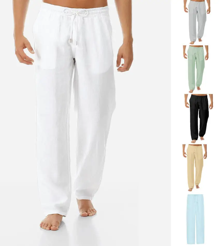 กางเกงขายาวผ้าคอตตอนและลินินของผู้ชาย,กางเกงขายาวแนวลำลองสีพื้นแบบกำหนดเองปี2022