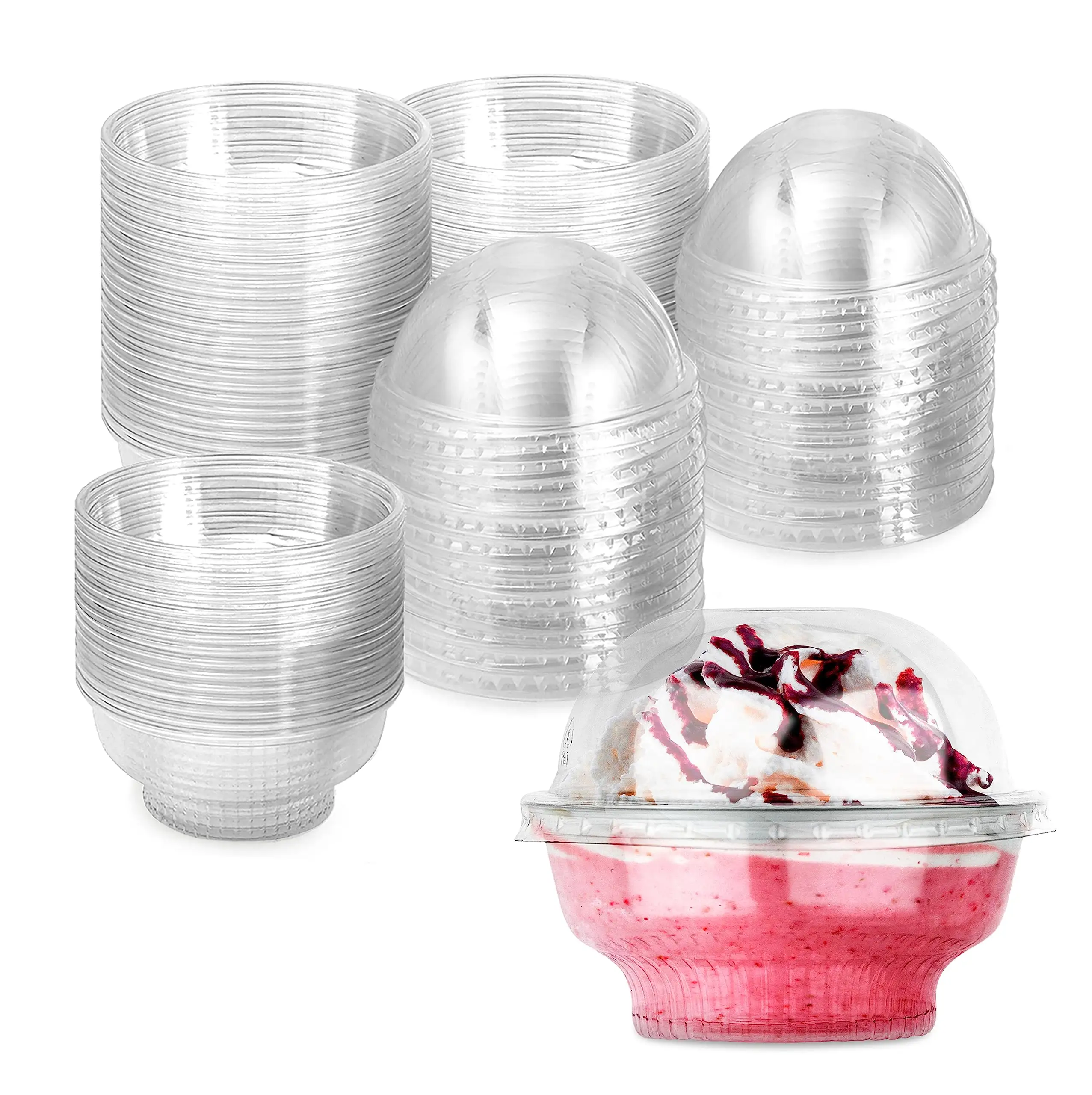 Wadah makanan penutup plastik bening Mini, wadah roti pesta buah es krim, Puding, kotak plastik dengan tutup kubah