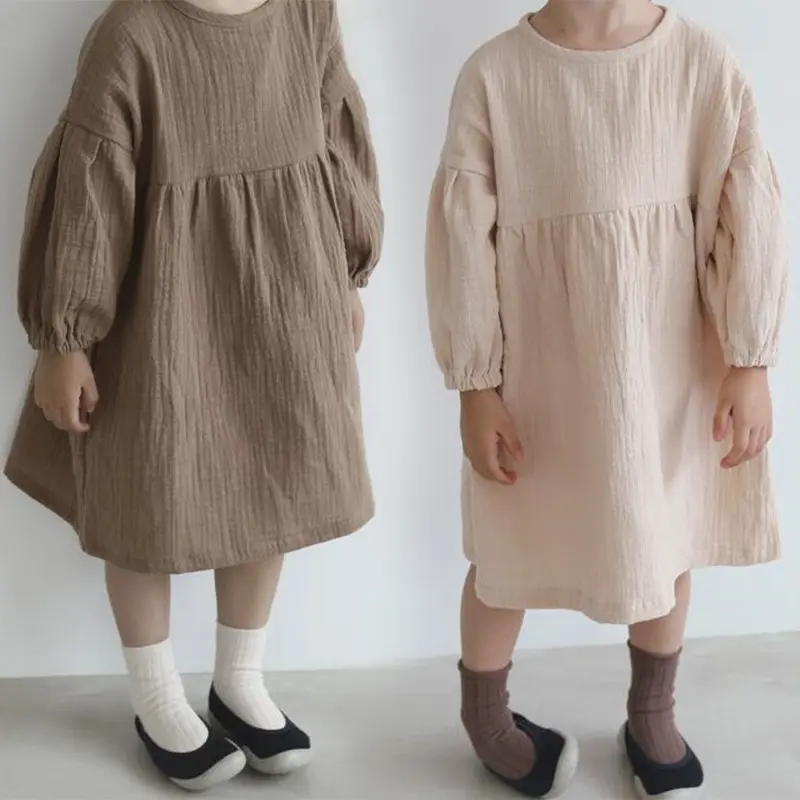 Vestido infantil de linho e algodão, roupas para crianças, bebês, meninas, roupas personalizadas de algodão, manga longa