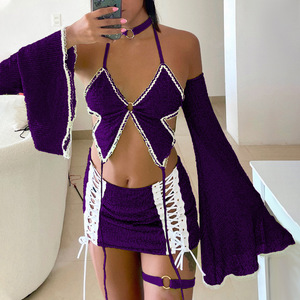 2025 xuyên biên giới hộp đêm babydoll v-cổ ren Crochet đồ lót sexy thiết lập với cutout Sheer backless dây miễn phí áo ngực - Product Image 2