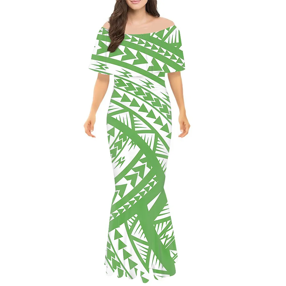 2022 Meerjungfrau Design Polynesian Totem Grün Farbe Boden lange Hochzeits feier Kleider Off Shoulder Design Brautjungfer Abendkleid