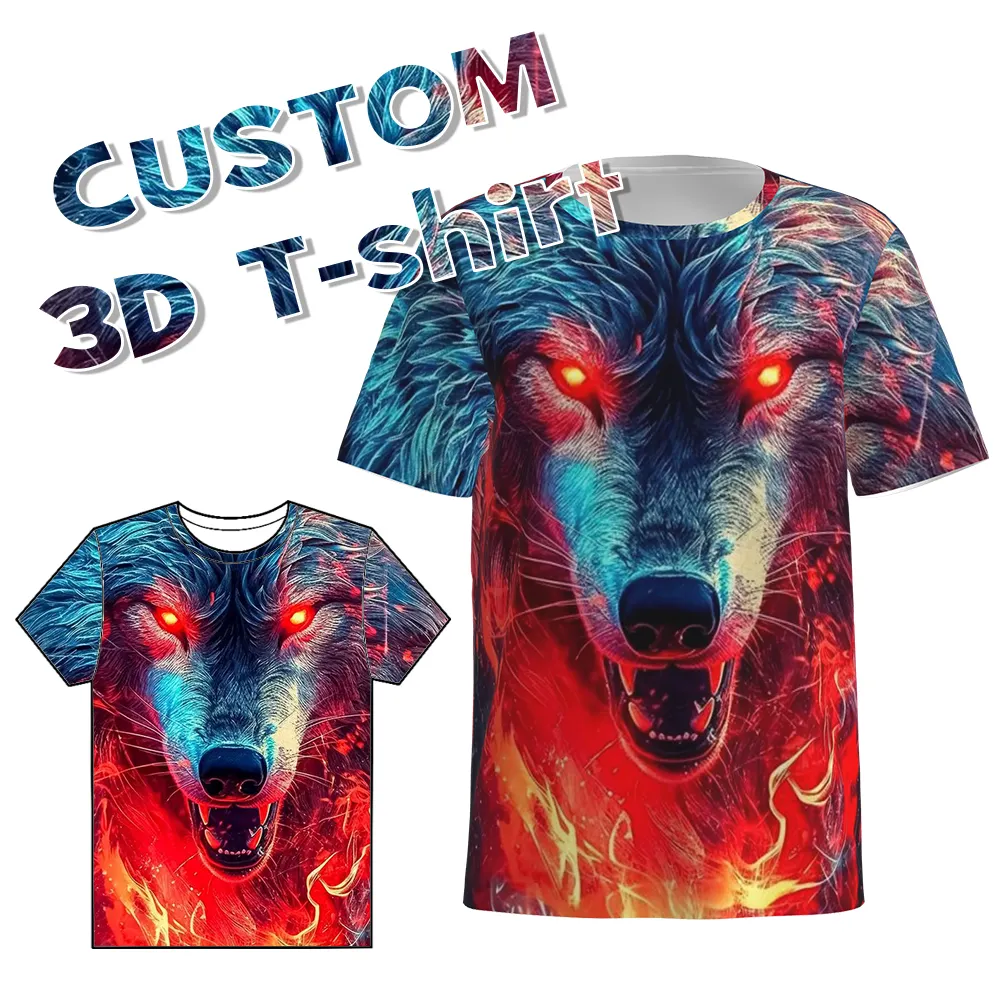 2024 nueva camiseta de poliéster de algodón con estampado de animales de talla grande, Camiseta con estampado 3D personalizado de Wolf King