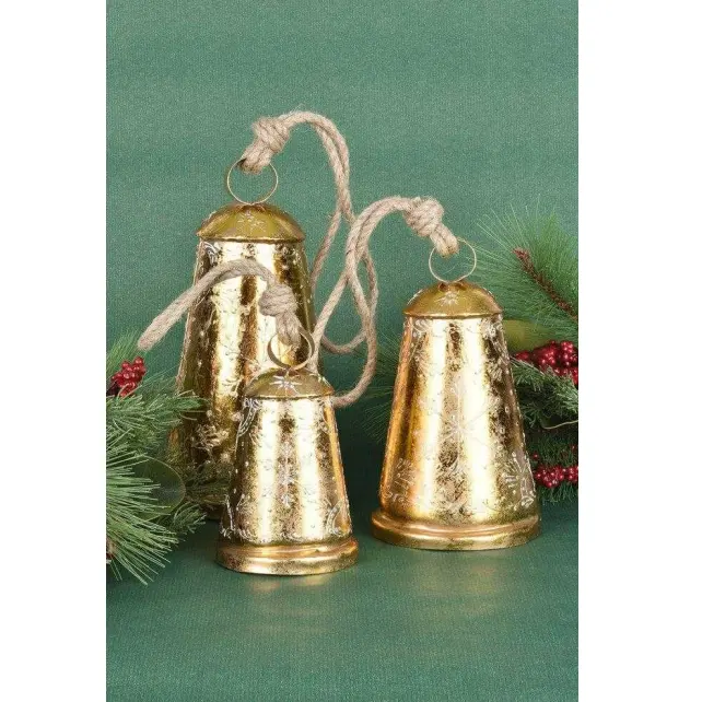 Adornos para árboles de Navidad Jingle Craft Decoraciones doradas Regalos de Navidad Campanas con cuerda Juego de 3 Campanas de Navidad colgantes