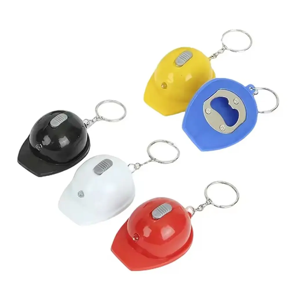Hot cheap plastic 2 in 1 light up led safety hat cap helmet metal customized logo beer wine bottle opener keyring with keychain