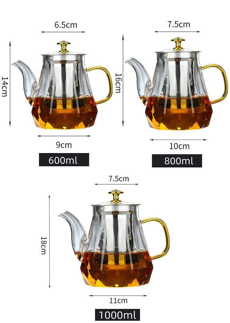 37Years Factory Diamond Style High Borosilicate Open Fire Stove Safe Glass Tea Pot With SUS 304  Infuser 600ml/800ml/1000ml