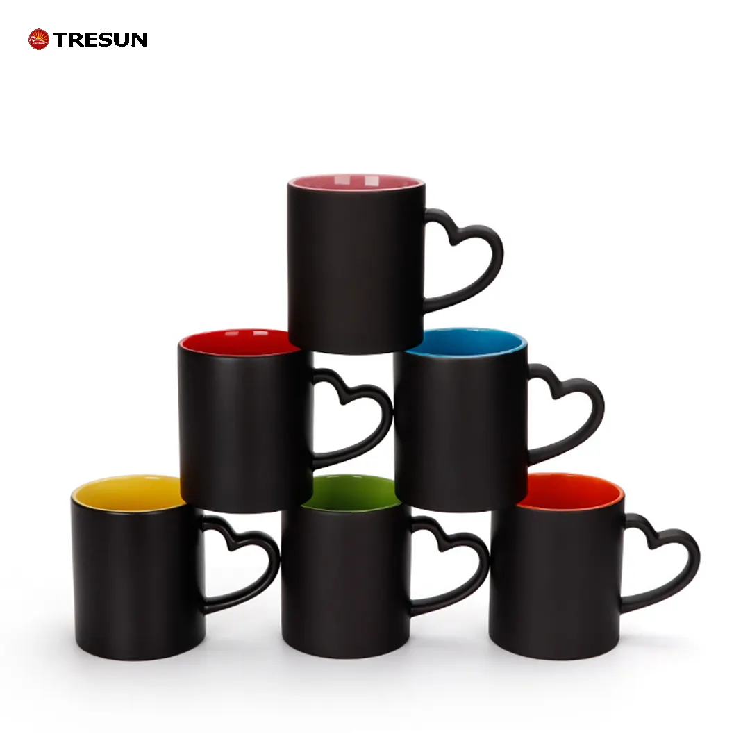 tazas de transferencia decorative crockery cup on print heart handle sublimation colour changing ceramic customized heat mug