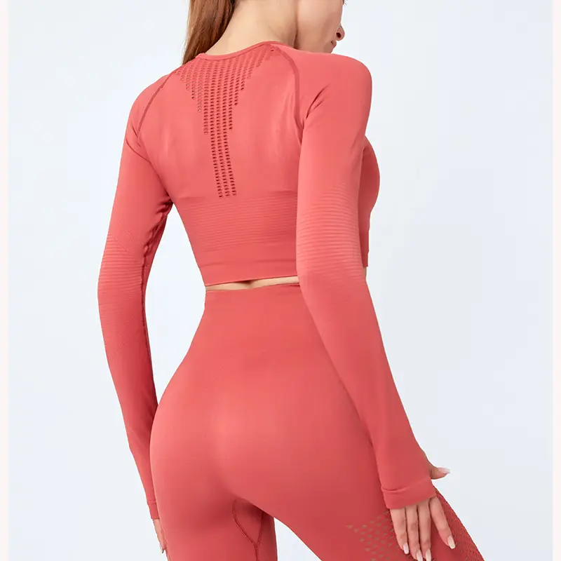 T-shirt de Yoga à manches longues, séchage rapide, pour femmes, filet de nombril, haut rouge