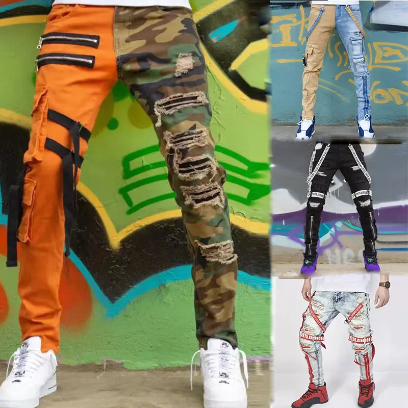 Qc - 067 Hot Selling Fashion Men Jeans Trouser Straight Camouflage Patchwork With Ribbons Ripped Cargo Mens Skinny Jeans