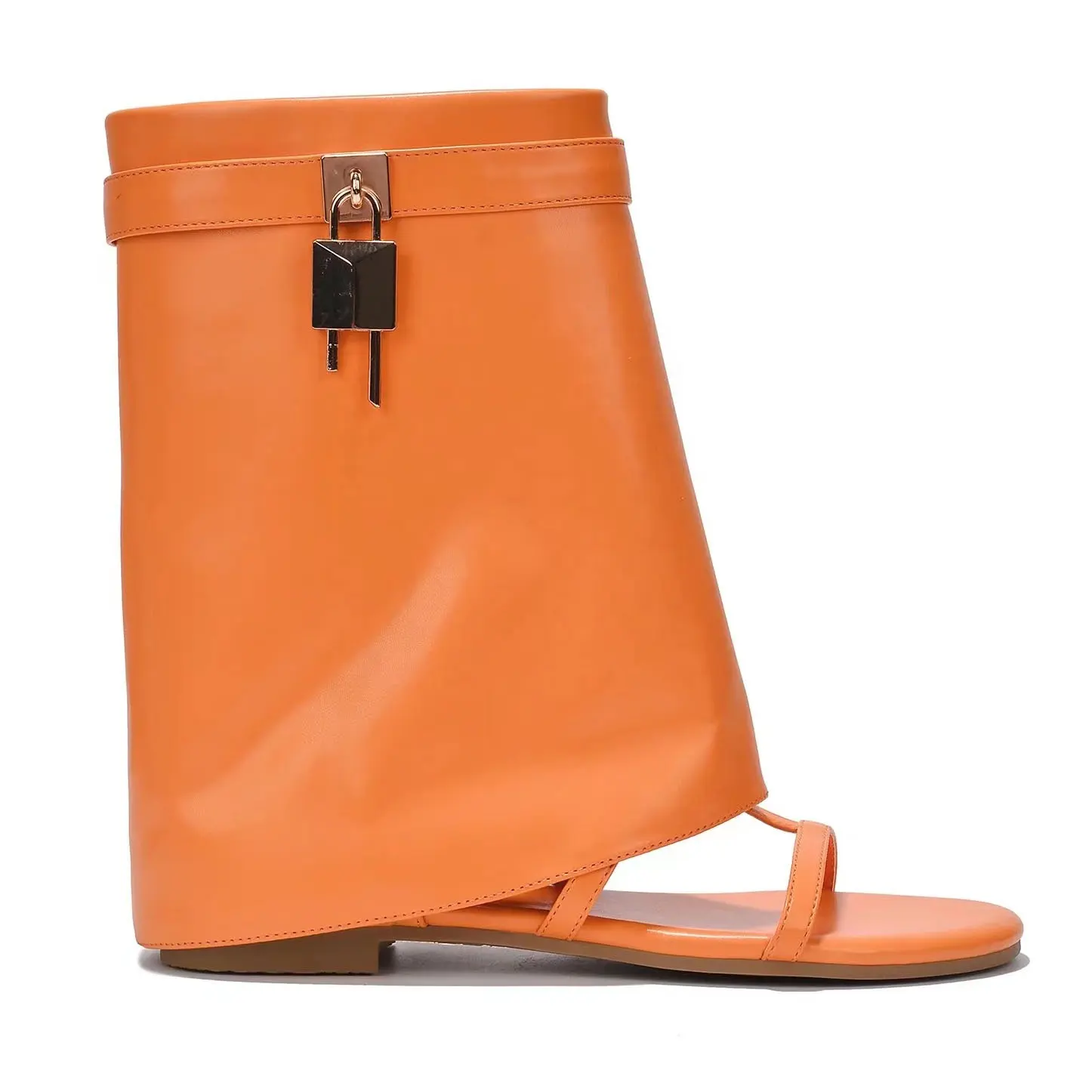 Anmairon sandal Wedge hak datar, Kasut bot kulit oranye dengan Logo kustom musim panas